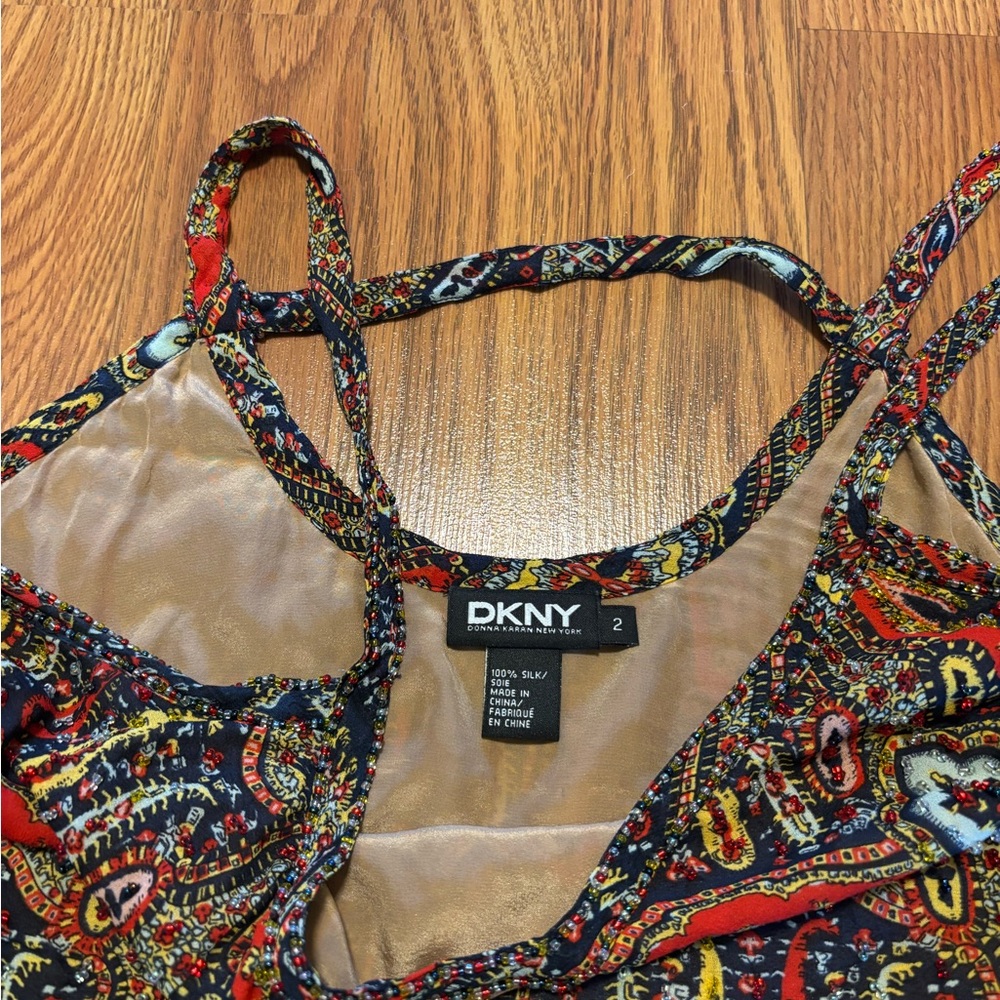 DKNY Multicolor Paisley-Print Spaghetti Strap Silk Tank Top - Picture 2 of 8
